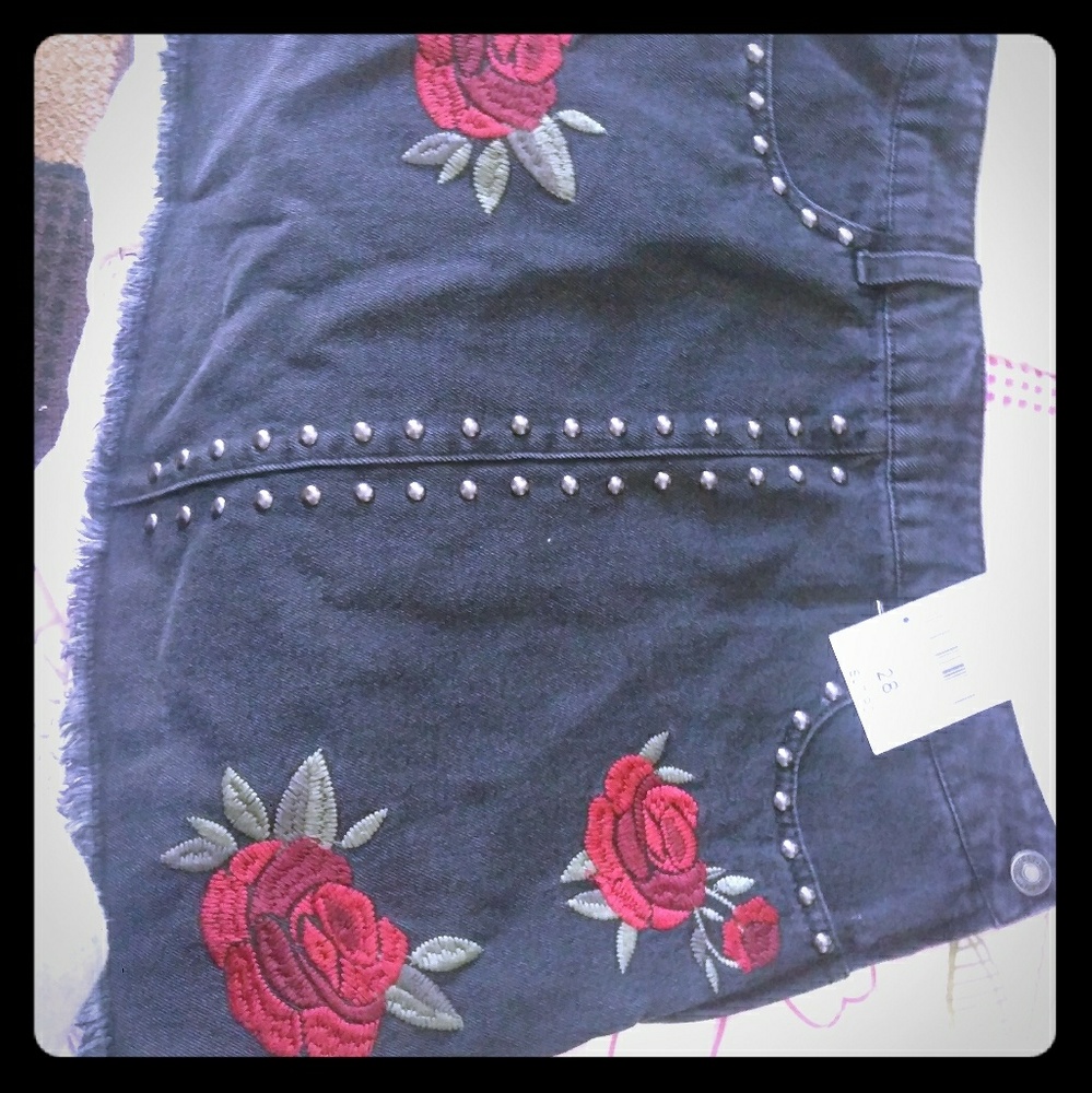 Black denim embroidered mini skirt